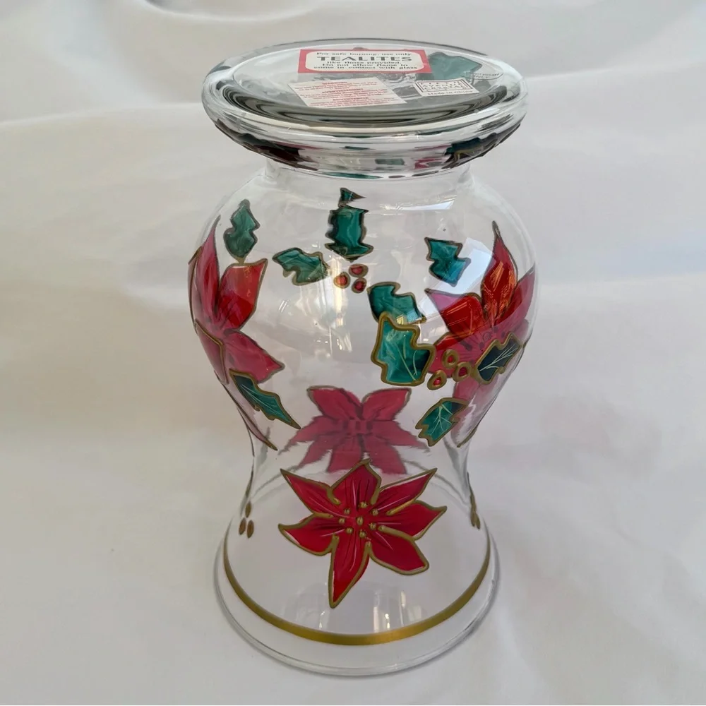 Fifth Avenue Crystal Poinsettia Glass 9” Hurricane Candle Holder or Vase